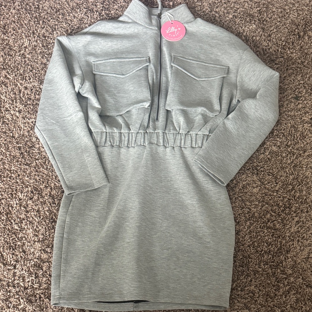 Gray Long-Sleeve Dress with Pockets